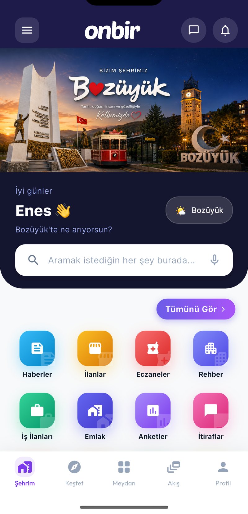 Onbir anasayfa ekranı